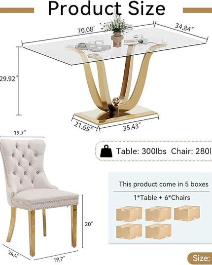HomVent 70'' Glass Dining Table Set for 6, Modern Rectangle Kitchen Table Set for 6, Glass Kitchen Table and Chairs Set for 6 for Living Room,Kitchen