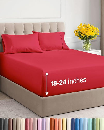 Extra Deep Twin Sheet Set - 4 Piece Breathable and Cooling Sheets - Hotel Luxury Bed Sheets Set - Easy & Secure Fit - Soft, Wrinkle Free and Comfy Sheets Set - Red Sheet Set with Extra Deep Pockets