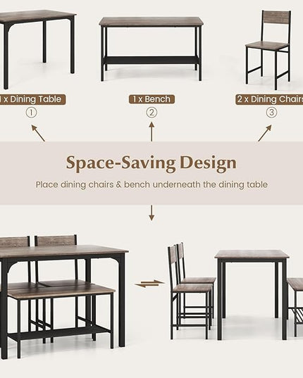 COSTWAY Dining Table Set for 4, Rectangular Kitchen Table Set with Bench and 2 Chairs, Storage Rack & Metal Frame, 4-Piece Dining Room Table and Chairs Set for Small Space, Apartment (Grey)