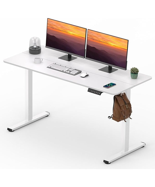 Adjustable Stand Up Desk with Memory Preset, Standing Desks 55 x 24 Inch Electric Home Office Desk Computer Workstation Splice, White Top + White Frame