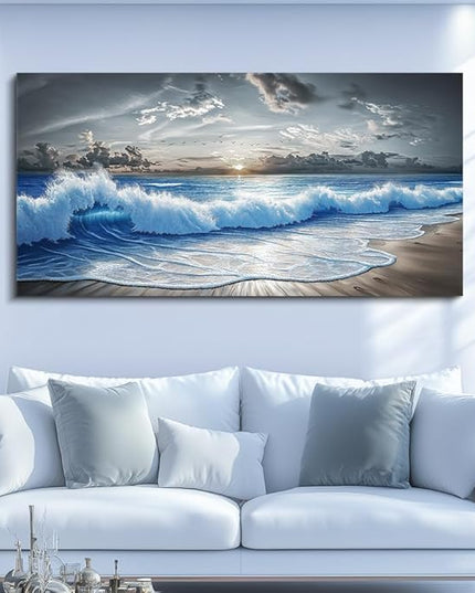 PHAOHUAXM Large Canvas Printed Artworks Mural Wall Decor For Living Room Wall Art For Bedroom Office Decor Black White And Blue Ocean Wave Landscape Painting Modern Home Decor Ready To Hang 30"X60"