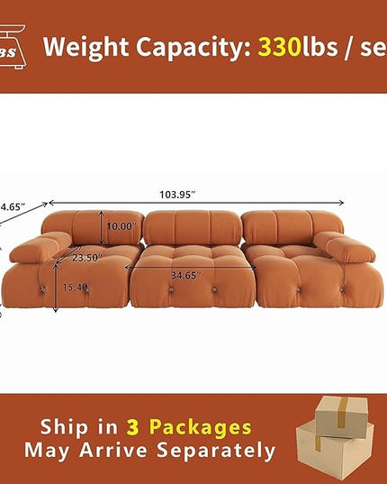 JACH Convertible Modular Sectional Couch, 104" Minimalist Mid-Century Velvet Sofas, Modern Comfy Deep 3-Seat Couches Sectional for Living Room Office Apartment (Orange)