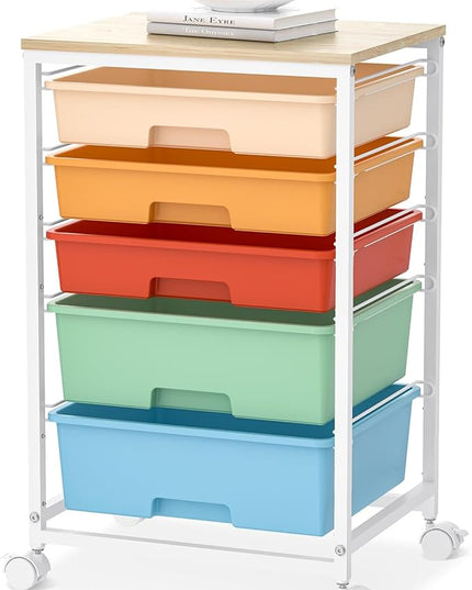 Craft cart,Rolling Cart with Drawers,Storage Cart with 5 Drawers and Wooden Tabletop for Under Desk Organizers and Storage,Macaron