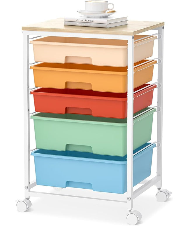 Craft cart,Rolling Cart with Drawers,Storage Cart with 5 Drawers and Wooden Tabletop for Under Desk Organizers and Storage,Macaron