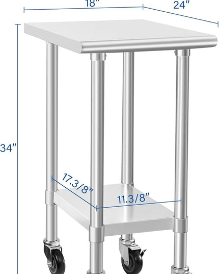 HARDURA Stainless Steel Commercial Table Prep & Work Table with Casters Heavy Duty Metal Table with Wheels NSF 430 24×18 Inches