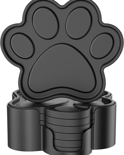 ME.FAN Silicone Coasters 6 Pack Paw Cup Mat with Holder, Dog Cat Paw Shape, for Hot or Cold Drink, Non-Slip, Non-Stick, Room Decor, Housewarming Black