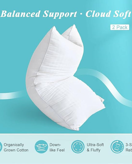 Bed Pillows Queen Size Set of 2-100% Cotton Cover, Down Alternative Gel Polyfill Filled, Flat Soft Medium Adjustable Hotel-Style Pillow Inserts, 20x30 Inch