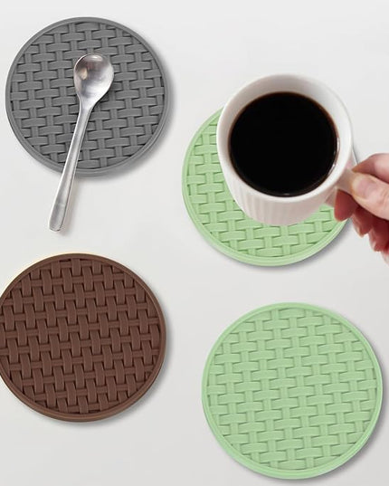 Green Silicone Coasters Set of 6 with Holder, 4 Inch Round Non-Slip Heat Resistant Waterproof Coaster, Decorative Cup Mats for Coffee Table, Home, Kitchen, Office, Bar