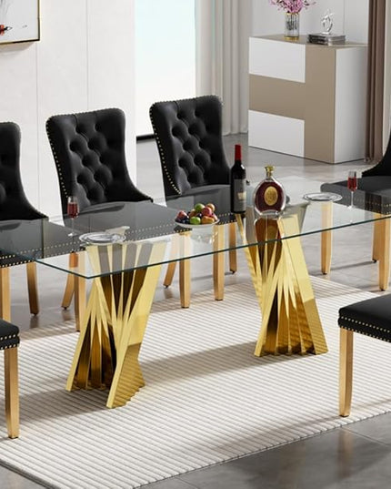 70" Glass Dining Table for 6, Modern Tempered Glass Kitchen Table, Rectangular Dining Room Table with Gold Stainless Steel Base Dinner Tables for Kitchen Home Office