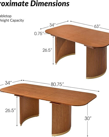 Modern Extendable Dining Table, Light Oak Wood, Mid-Century Design with Hidden Extension Board, Fluted Double Column Base, Rounded Corners, for Kitchen, Living Room