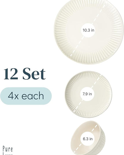 Stoneware Dinnerware Set for 4 People HYGGE 12-Piece - Elegant Scandi Design - Premium Dish Set - Bowl and Plate Set - Tableware for 4 People in a Ribbed Design - Pure Living in Beige