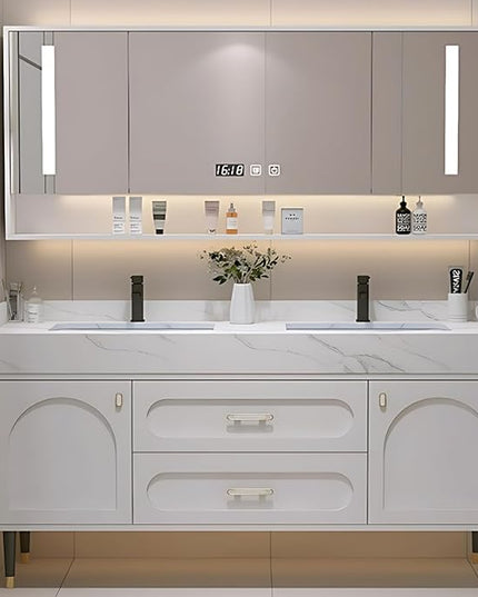 68IN Floor Standing Vanity Bathroom Double Sink - Double Sink Bathroom Vanities, Bathroom Wall Mirror Includes Smart Defogging & LED Lights | Splash Guard, Exquisite Handles (White)