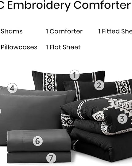 MaiRêve Embroidery Comforter Set, Boho Farmhouse Western Bedding Set, All Season Bed in A Bag Comforter Set with Sheets, Pillowcases & Shams, Black King 7 Pieces