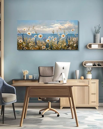 Wapluam Blue Ocean Canvas Wall Art for Living Room Wall Decor For Bedroom Bathroom Decoration Abstract Natural Seascape Painting Modern Office Wildflowers Artwork Pictures Home Decor Ready To Hang