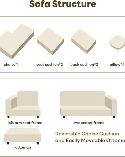 Tbfit L Shaped Couch, Oversized 108" Modular Sectional Sofa with Convertible Chaise, Comfy 4 Pillows Sofa for Living Room, Cream