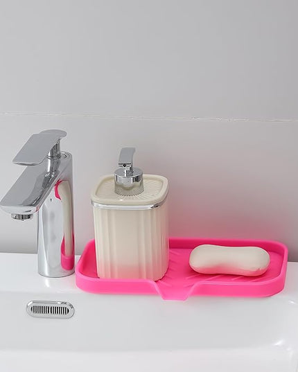 Silicone Bathroom Soap Dishes with Drain Spout-Bathroom and Kitchen Sink Organizer,Sponge Holder,Dish Soap Tray,Perfect for Dispenser,Scrubber,Bottle,Cup on Sink or Counter-Rose 9.6"×5.3"