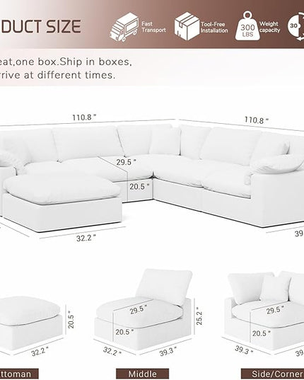 Cloud Modular Sectional Sofa,221.6" Down Filled Sofa 5 Seat with Chaise,Minimalist Sofa Cover Washable and Replaceable Couches for Living Room,Sectional Sofa Deep Seat