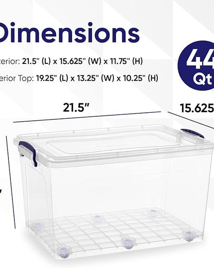 Superio Storage Bins with Lids- Clear Boxes for Organizing, Stackable Plastic Containers- BPA Free, Non-Toxic, Odor Free, Organizer for Home, Office, Dorm (6 Pack, 44 Qt (Wheeled))