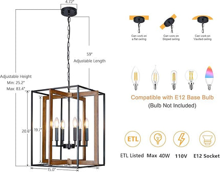 6-Light Rustic Farmhouse Chandelier for Dining Room, 20.6'' Modern Farmhouse Faux Wood Black Chandeliers, Adjustable Metal Lantern Hanging Light Fixture for Foyer, Kitchen, Entryway, Hallway