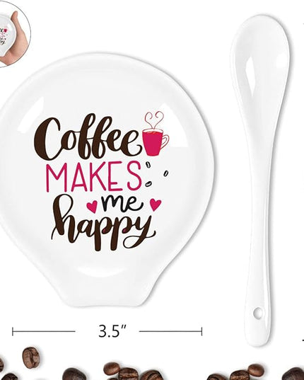 Funny Coffee Quote Colored Pattern Ceramic Coffee Spoon Holder-Coffee Spoon Rest -Coffee Station Decor Coffee Bar Accessories-Coffee Lovers Gift for Women and Men (Coffee Makes Me Happy)