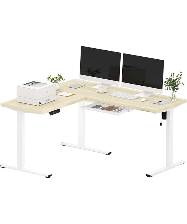 SANODESK L Shaped Standing Desk with Drawer, Adjustable Height Electric Corner Standing Desk, 63 x 55 inch Sit Stand Computer Table with Splice Board, Maple