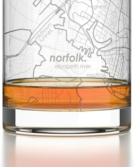 Well Told Engraved Norfolk Virginia Map Rocks Glass, Old Fashioned Glassware (11 oz, Clear) Etched Bourbon Tumbler, Gifts For Whiskey Lovers