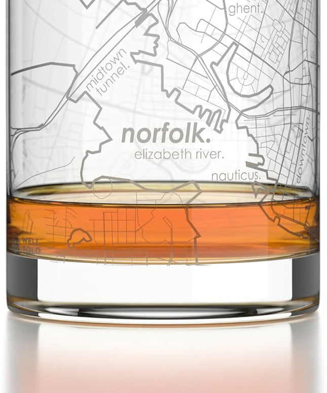 Well Told Engraved Norfolk Virginia Map Rocks Glass, Old Fashioned Glassware (11 oz, Clear) Etched Bourbon Tumbler, Gifts For Whiskey Lovers