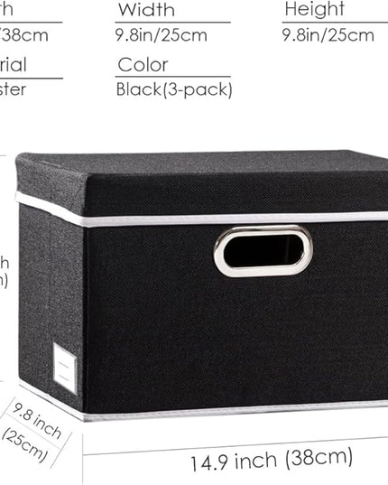 PRANDOM Foldable Storage Bin with Lid [5-Pack] Linen Fabric Decorative Storage Box Organizer Container Basket Cube with Handles Divider for Closet Office Living Room Black(14.9x9.8x9.8)