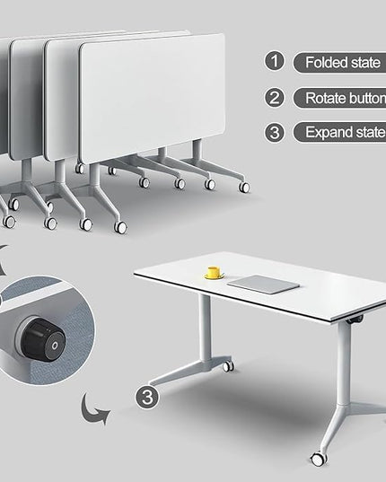 Conference Table, Folding Conference Room Tables on Wheels, Modern Meeting Seminar Table Computer Desk, Boardroom Desk for Office Meeting Conference Room,White,6 Pack 55.1inch