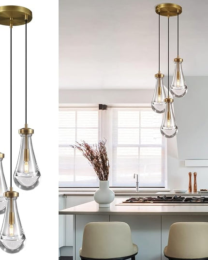 Brass 3 Light Pendant Lighting for Kitchen Island, Raindrop Cluster Pendant Light Fixture, Adjustable Hanging Rope Glass Chandelier Dining Room Light Fixture Ceiling Lamp for Foyer Hallway