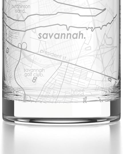 Well Told Engraved Savannah Georgia Map Rocks Glass, Old Fashioned Glassware (11 oz, Clear) Etched Bourbon Tumbler, Gifts For Whiskey Lovers