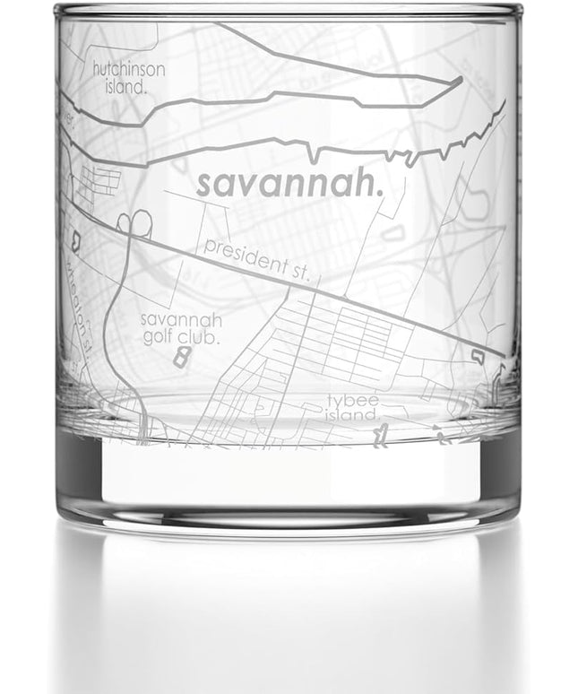 Well Told Engraved Savannah Georgia Map Rocks Glass, Old Fashioned Glassware (11 oz, Clear) Etched Bourbon Tumbler, Gifts For Whiskey Lovers