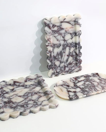 Natural 100% Marble Vanity Tray Luxury Scalloped Marble Storage Square Rectangle Tray for Home Decor Stone Tray for Bathroom Kitchen Candle Key (Square-9.8 * 9.8-Calacatta Viola)