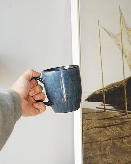 Bosmarlin Ceramic Coffee Mug Set of 4, 17 Oz, Coffee Cups with Big Handle, Microwave Safe, Unique Reactive Glaze (Deep Blue, 17 Oz)