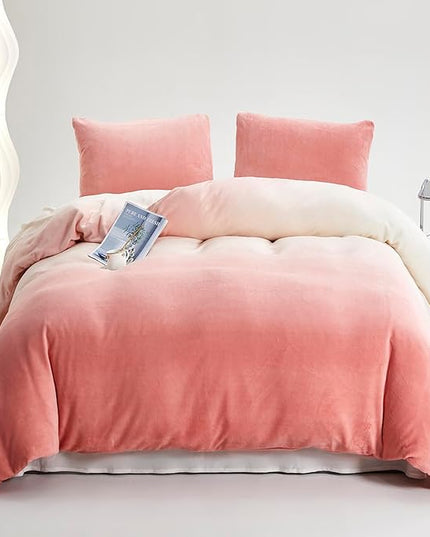 Luxlovery Pink Gradient Velvet Comforter Full Fluffy Plush Flannel Bedding Set Full Women Girls Pink White Ink Rainbow Color Blanket Quilts Warm Comforter Set