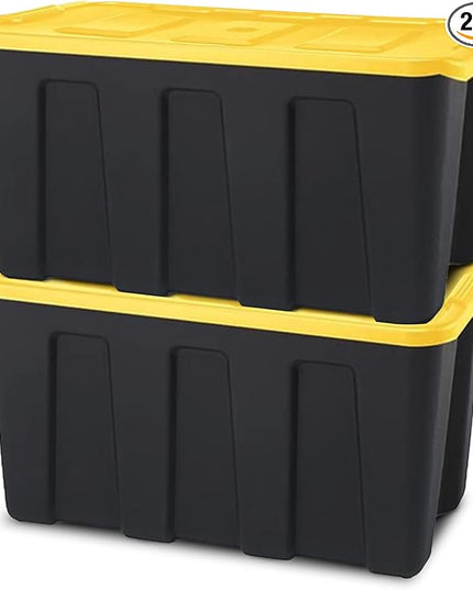 HOMZ 2-Pack Durabilt Tote, Heavy Duty Plastic Storage Bins with Lids, 34 Gallon, Black/Yellow - Stackable Organizing Containers for Home, Garage, and Office