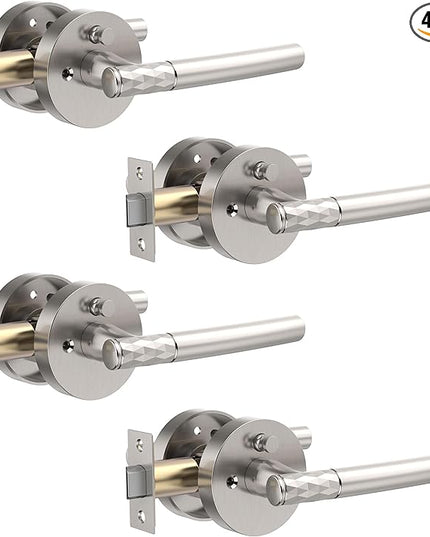 4 Pack Brushed Nickel Privacy Door Handle - Keyless Entry, Heavy Duty Zinc Alloy Lever for Bedroom/Bathroom