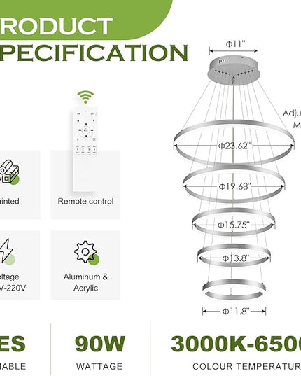 5-Rings Modern LED Chandelier Silver High Ceiling Chandelier with Remote Control Dimmable Pendant Lighting for Dining Room Foyer Living Room Entryway Staircase(3000K-6500K, D23.6’’)