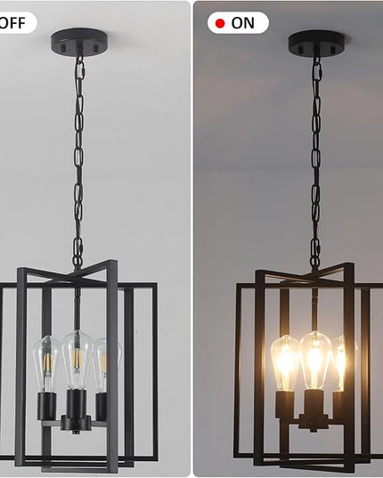 Black Farmhouse Modern Chandelier Light Fixture for Dining Room, 3 Light Rustic Kitchen Island Metal Pendant Hanging, Adjustable Geometric Foyer Light Fixtures for Entryway Hallway Living Room