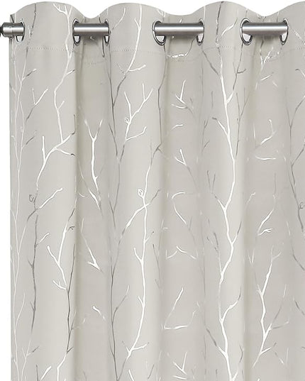 BUHUA White Black Out Curtains 72 Inch Long 2 Panels, Soundproof Curtains with Elegant Silver Tree Branches Print, Heat Blocking Curtains for Livingroom, 52W x 72L, Natural