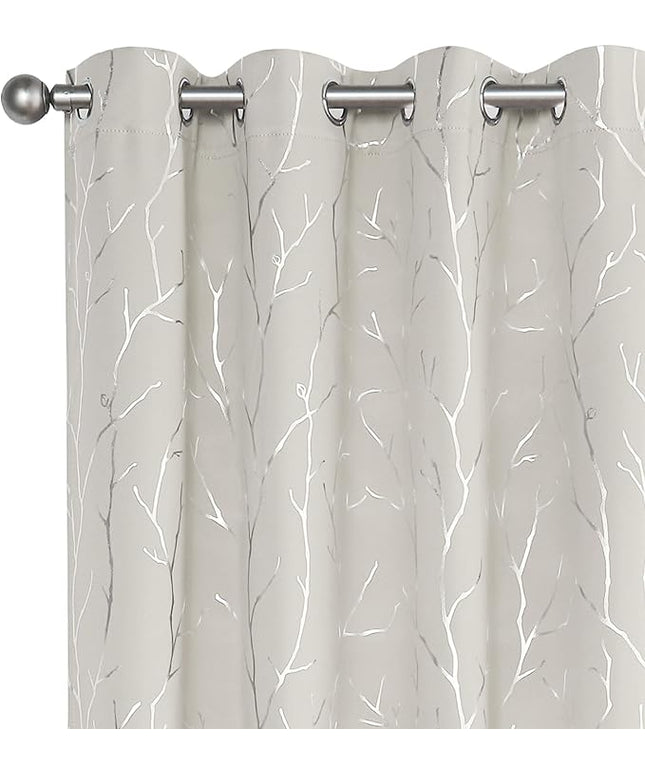 BUHUA White Black Out Curtains 72 Inch Long 2 Panels, Soundproof Curtains with Elegant Silver Tree Branches Print, Heat Blocking Curtains for Livingroom, 52W x 72L, Natural