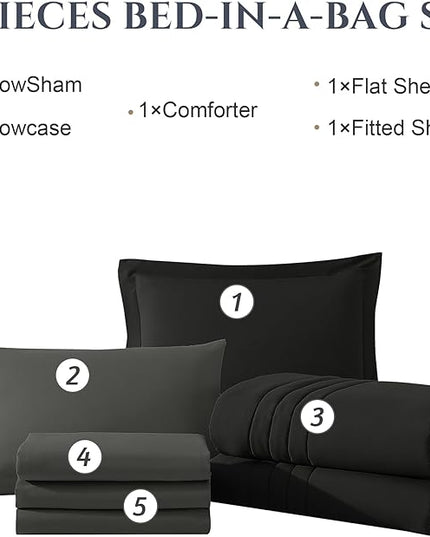 Monbix California King Size Comforter Set - 7 Pieces Bed in a Bag California King, Black Bedding Sets with Comforter, All Seasons Down Alternative Comforter Bed Set with Sheets, Pillowcases & Shams