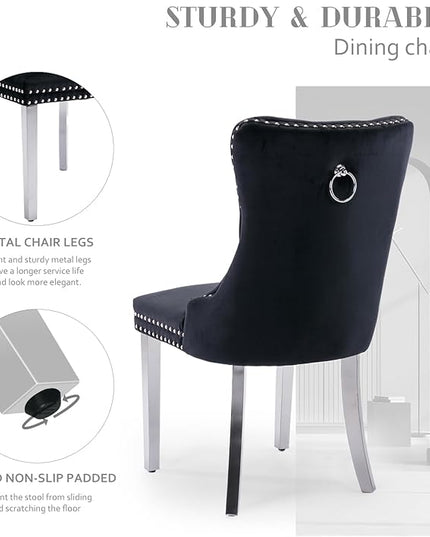SoarFlash Velvet Dining Chair Set of 8, Upholstered Tufted Dining Room Chair with Nailhead Trim and Solid Silver Plated Leg for Kitchen (Black)