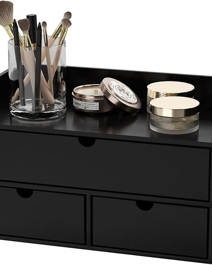 Wisuce Bamboo Desk Organizer - Mini Bamboo Desk Drawer Tabletop Cosmetic Storage Organization for Office or Home Black with Shelf