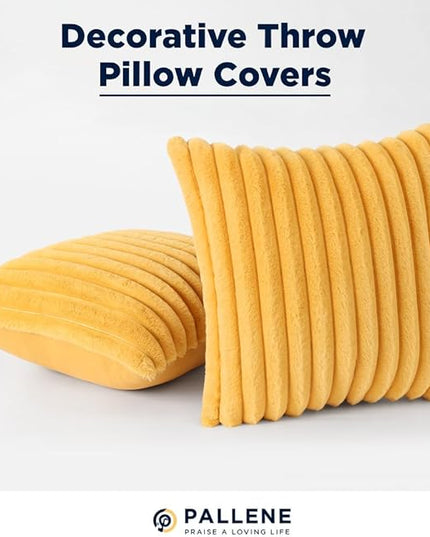 Pallene Faux Fur Plush Throw Pillow Covers 18x18 Set of 2, Luxury Soft Fluffy Striped Decorative Pillow Covers for Sofa, Couch, Living Room, Mustard Yellow