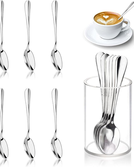 6 Pcs Mini Coffee Spoons with Holder 4.7 inch Demitasse Espresso Stainless Steel Spoons Silver with Acrylic Cylinder Holder for Coffee Bar Home Tea Party (6)