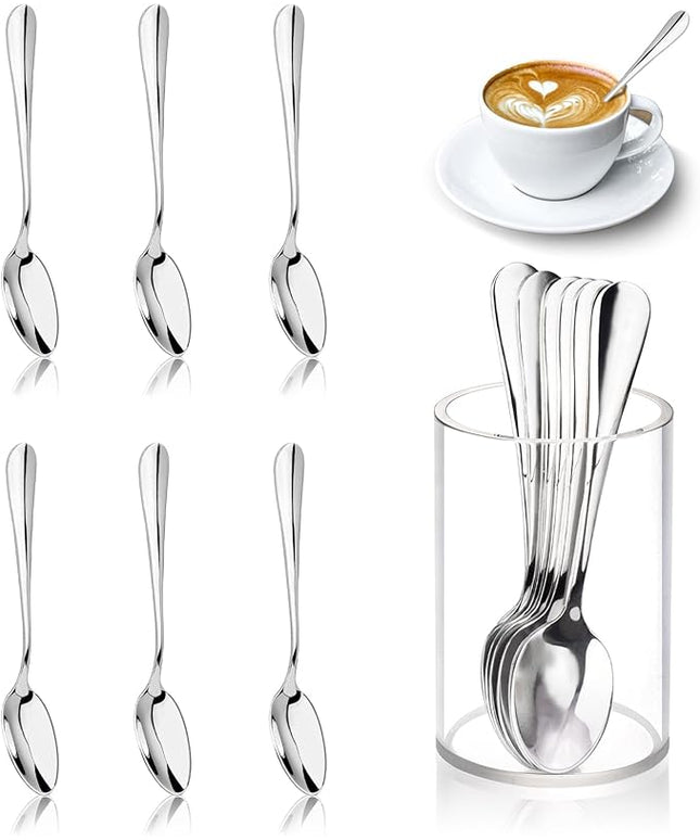 6 Pcs Mini Coffee Spoons with Holder 4.7 inch Demitasse Espresso Stainless Steel Spoons Silver with Acrylic Cylinder Holder for Coffee Bar Home Tea Party (6)