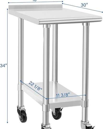 HARDURA Stainless Steel Commercial Work Table with Wheels Prep & Work Metal Table 30×18 Inches Heavy Duty NSF with Casters and 2" Backsplash