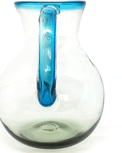 Aqua Blue Rim 120 oz Pitcher and 6 Drinking Glasses set, Recycled Glass, Lead-free, Toxin-Free (Pitcher & Glasses)