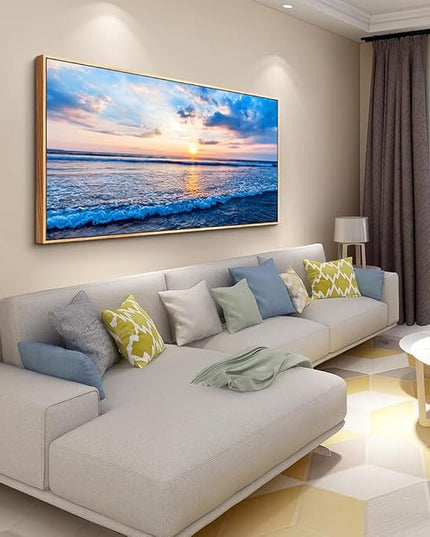 Wapluam Large Wood Framed Wall Art For Living Room Canvas Wall Decor For Office Blue Beach Painting Ocean Sea Waves Wall Pictures Ready To Hang Bedroom Home Decorations Prints Posters Mural Artwork